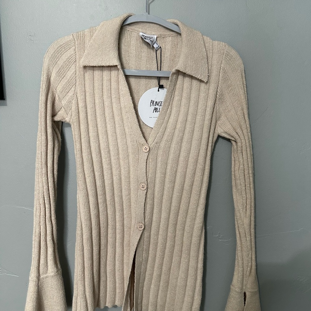 Princess Polly Beige Ribbed Button-Up Cardigan